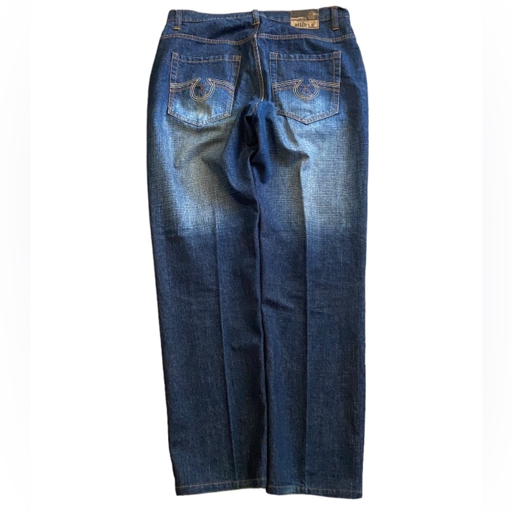 NWOT Y2K attitude dark wash faded embroidered loose fit denim jeans men’s 34x34